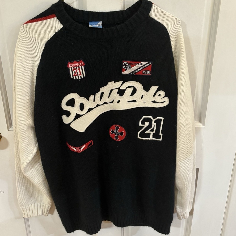 Vintage Southpole Sweater Mens Large Crewneck Pullover Black White Patch 90s Y2K